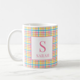 Colorful Gingham Check Custom Name Initial Mug