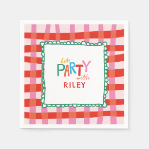 Colorful Gingham "Let’s Party" Custom Name Kids Napkin