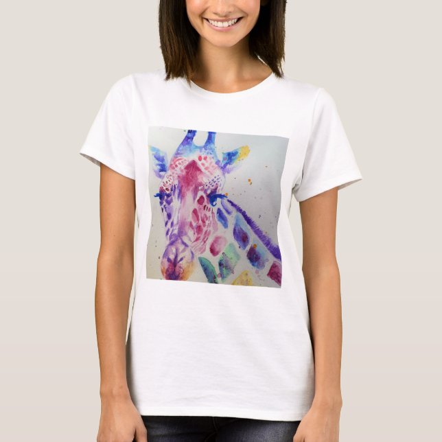 Colorful Giraffe Animal Watercolour Art Design T-Shirt (Front)