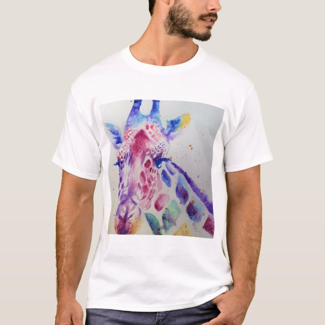 Colorful Giraffe Animal Watercolour Art Design T-Shirt (Front)