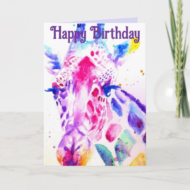 Colorful Giraffe Animal Watercolour Birthday Card (Front)