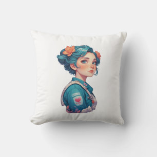 Colorful Girl Portrait with Flowers Cushion