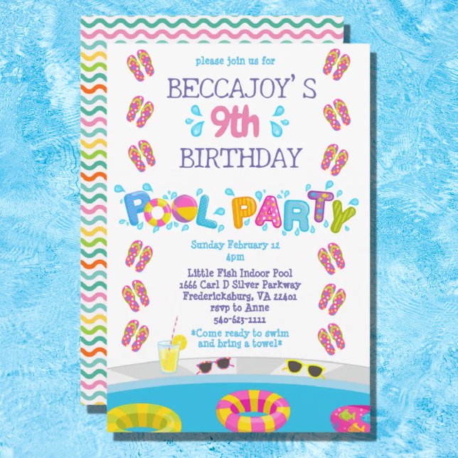 Colorful Girls Flip Flops Splash Pool Party Invitation (Creator Uploaded)