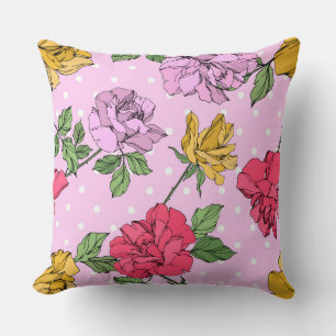 Colorful girly floral graphic ink roses pink, red cushion