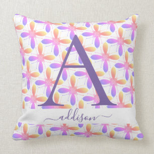 Colorful Girly Flower Monogram Name Cushion