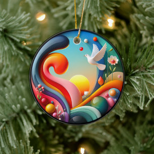 Colorful Glass Abstract Dove Rainbow Garden Ceramic Tree Decoration