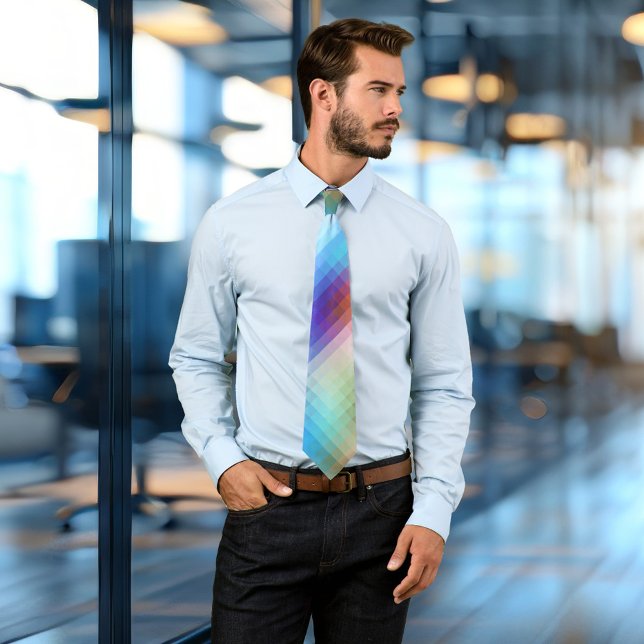 Colorful Glass Mosaic Checkered Tie (A modern design tie featuring a mosaic checkered pattern in the vibrant colors of a sunset at sea)