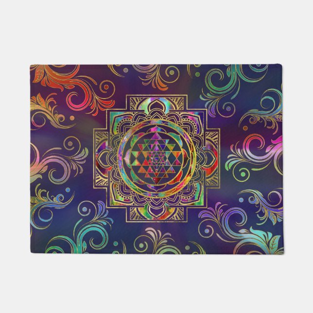 Colorful Gold framed Sri Yantra Sri Chakra Doormat (Front)