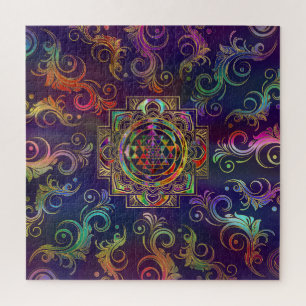 Colorful Gold framed Sri Yantra Sri Chakra Jigsaw Puzzle