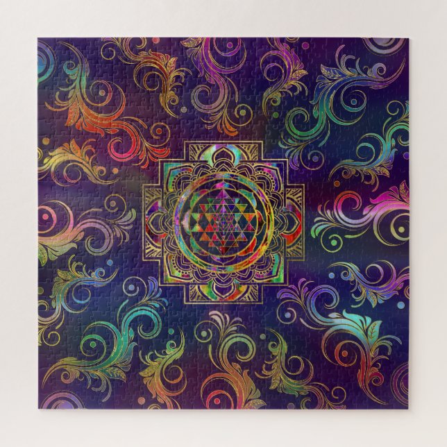 Colorful Gold framed Sri Yantra Sri Chakra Jigsaw Puzzle (Vertical)