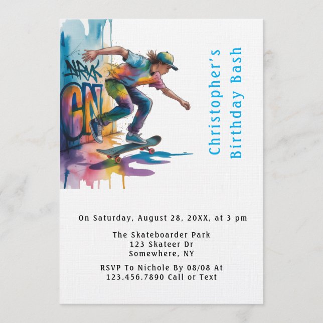 Colorful Graffiti Skateboarder Birthday Bash  Invitation (Front)