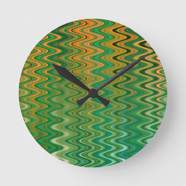 Colorful Green Orange Zigzag Pattern Round Clock (Front)