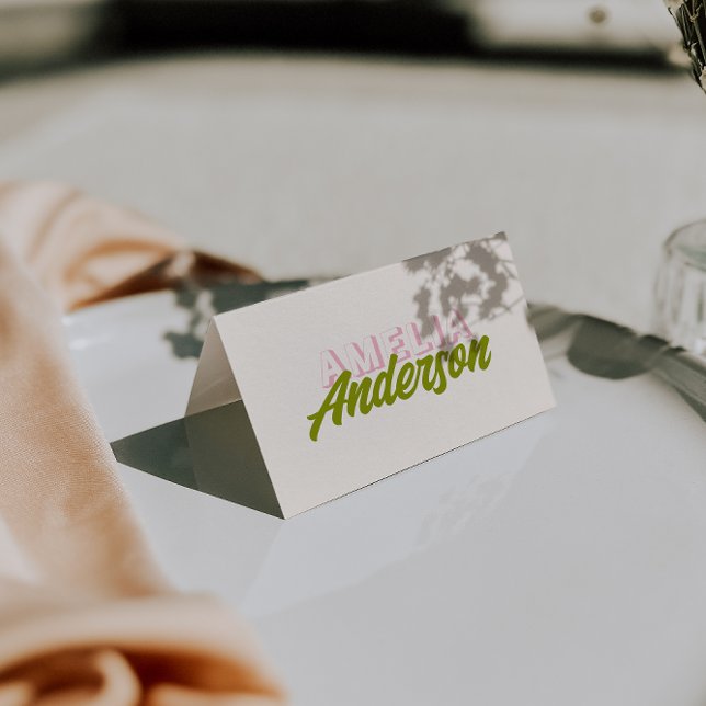 Colorful Green Pink Retro Funk Wedding Place Cards (Creator Uploaded)