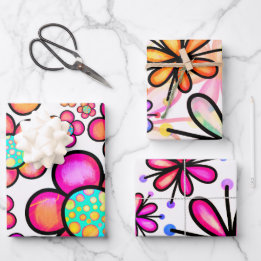 Colorful Groovy 70's Doodle Flowers Pattern Wrapping Paper Sheet