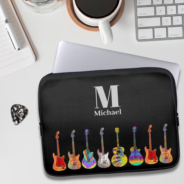 Colorful Guitar Monogram  Laptop Sleeve (Funky guitar pattern on black personalized monogram music teacher guitarist musician performer )