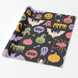Colorful Halloween Black Background Trick or Treat Wrapping Paper