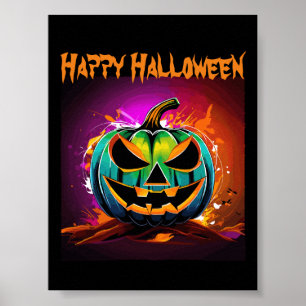 Colorful Halloween Creepy Pumpkin Black Poster