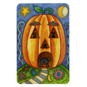 Colorful Halloween Magnet with a Pumpkin and Cats