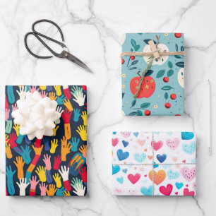 Colorful Hand Prints Apple Hearts School Themed Wrapping Paper Sheet