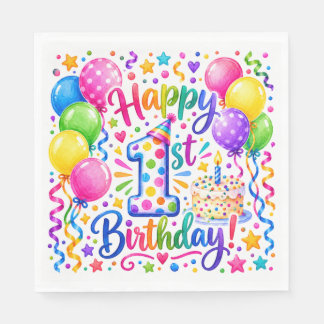 Colorful Happy 1st Birthday Balloons & Cake Party Napkin