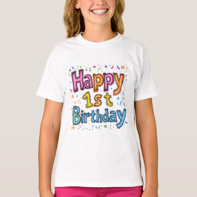 Colorful Happy 1st Birthday Celebration Text T-Shirt (Front)