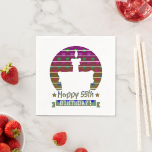 Colorful Happy 55th birthday cake with hearts Napkin