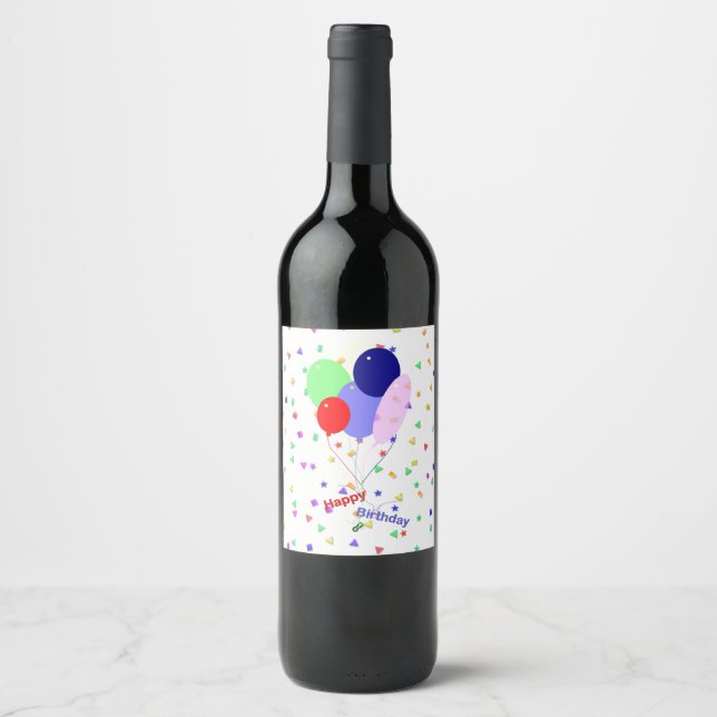 Colorful Happy Birthday Balloons Wine Label (Front)