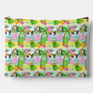 COLORFUL HAPPY FLAMINGOS TOUCANS AND FLOWERS ACCESSORY POUCH