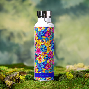 Colorful Hawaiian Tropical Floral Palm Name Water Bottle