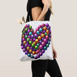 COLORFUL HEART SHAPED MARDI GRAS BEADS TOTE BAG