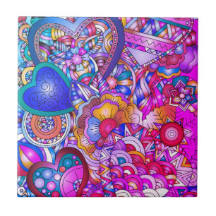 Colorful Hearts and Flowers Abstract Art Tile