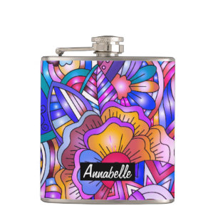 Colorful Hearts and Flowers Abstract Personalised Hip Flask