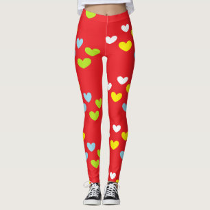 Colorful hearts on red leggings