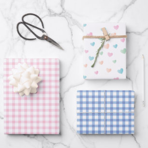 Colorful Hearts   Pastel Pink and Blue Gingham Wrapping Paper Sheet