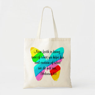 COLORFUL HEBREWS 11:1 BUTTERFLY DESIGN TOTE BAG