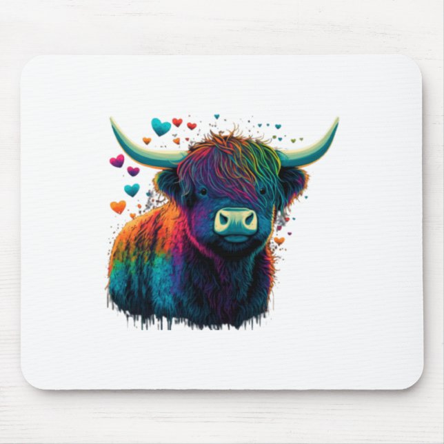 Colorful Highland Cow Valentines Day Farm Cow  Mouse Pad (Front)