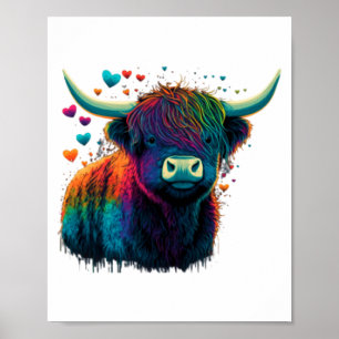 Colorful Highland Cow Valentines Day Farm Cow Poster