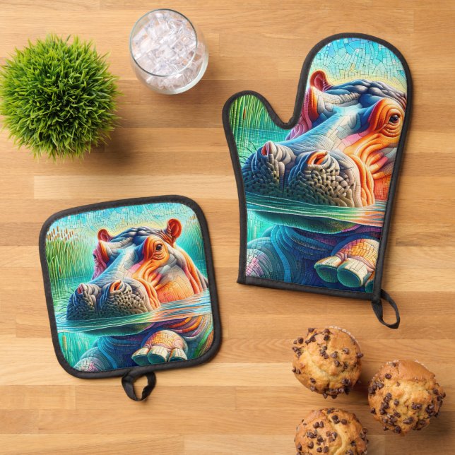 Colorful Hippo  Oven Mitt & Pot Holder Set (Top Down)