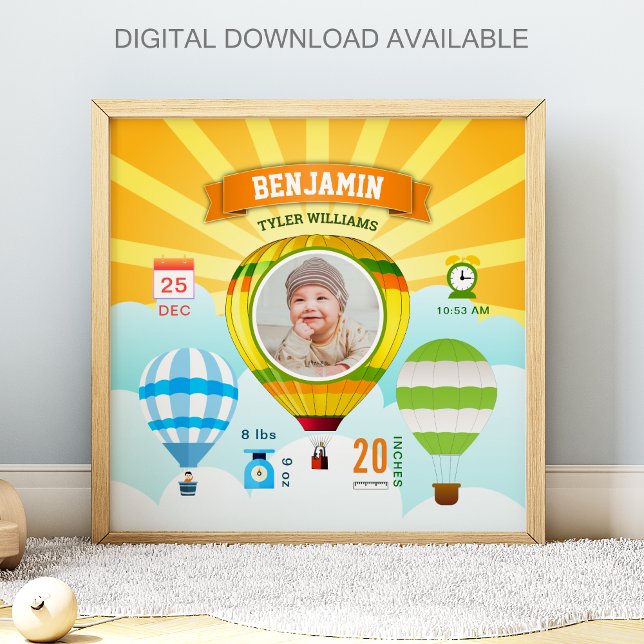 Colorful Hot Air Balloons Baby Photo Birth Stats Poster (Creator Uploaded)