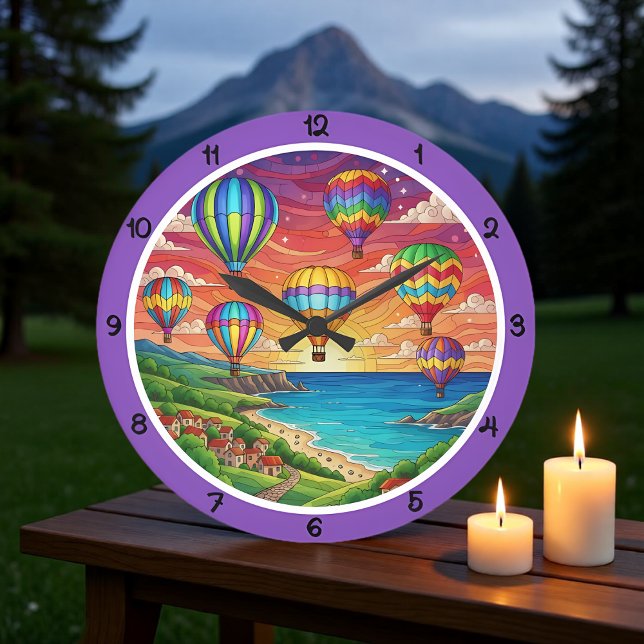 Colorful Hot Air Balloons Coastal Village Large Clock (Creator Uploaded)