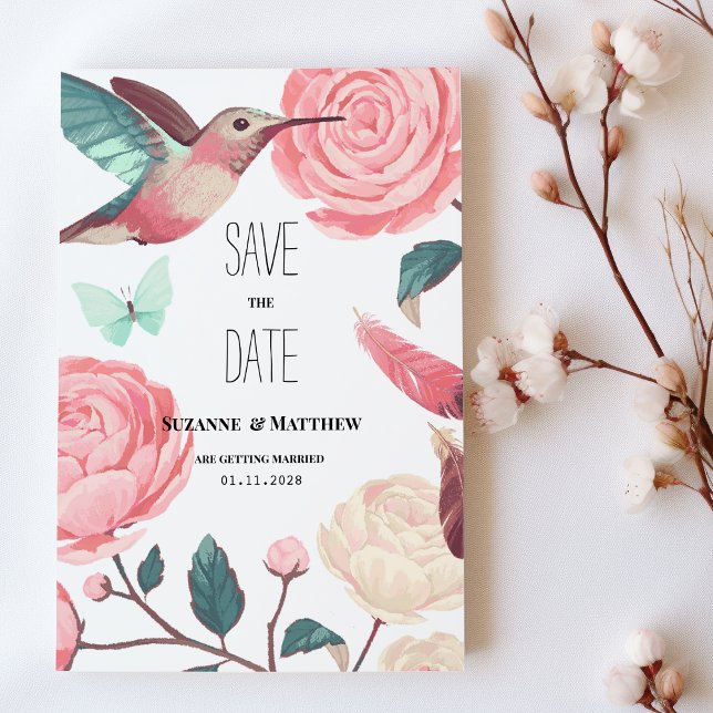 Colorful Hummingbird Floral Spring Save the Date Invitation (Colorful Hummingbird Floral Spring Save the Date )