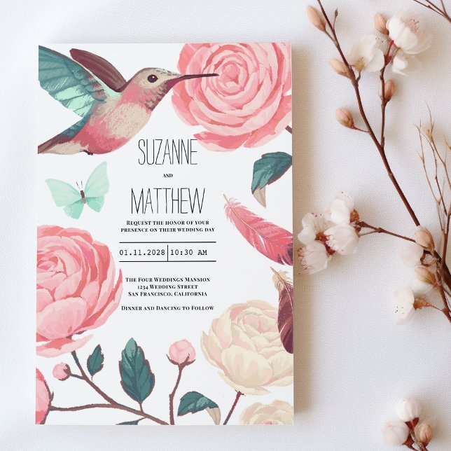 Colorful Hummingbird Floral Spring Wedding Invitation (Colorful Hummingbird Floral Spring Wedding)