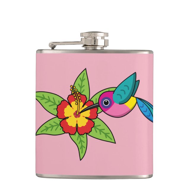 Colorful Hummingbird on Hibiscus Tropical Flower Hip Flask (Front)