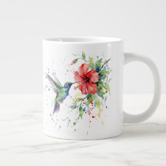 Colorful Hummingbird Watercolor Floral Nature Art Large Coffee Mug