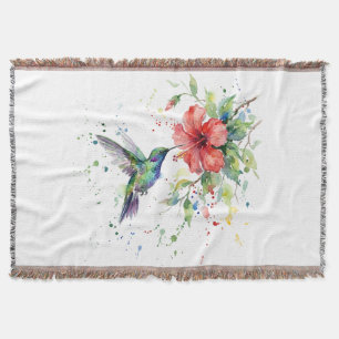 Colorful Hummingbird Watercolor Floral Nature Art Throw Blanket