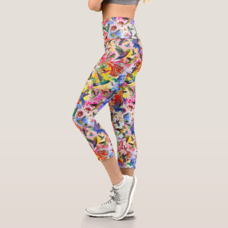 Colorful Hummingbirds and Flowers Capri Leggings
