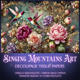 Colorful Hummingbirds & Antique Roses Decoupage Tissue Paper