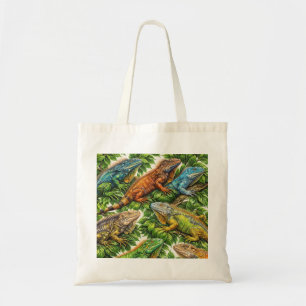 Colorful Iguanas in Tropical Jungle Leaves Pattern Tote Bag