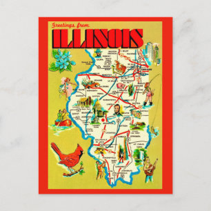 Colorful Illustrated  Illinois Map Postcard