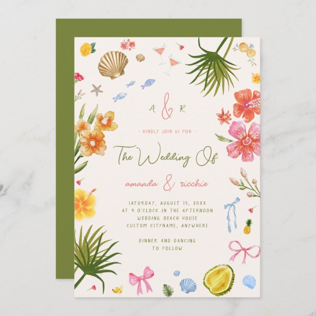 Colorful Island Whimsical Beach Tropical Wedding Invitation (Front/Back)